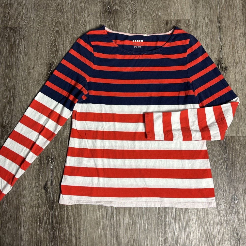 Boden Ella Sz 8 Long Sleeve Breton Navy Red Cotton Stripe Shirt T1004‎